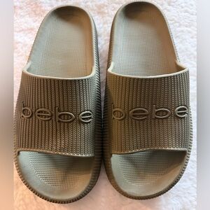 bebe Olive-Tone Textured Logo Slide Sandals